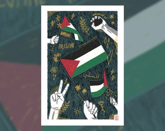 May include: A digital illustration of a dark blue background with multiple hands holding up Palestinian flags. The flags are green, black, white, and red with a triangle in the center. The background is decorated with gold stars, flowers, and other symbols.