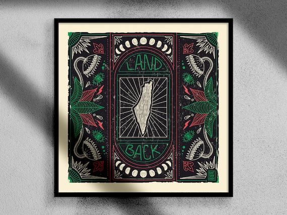 Land Back: Art Nouveau Poster, Palestinian Flag, Venus Flytrap Design