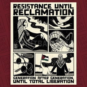 Resistencia hasta la recuperación, arte palestino, Nakba, 1948, bandera palestina, póster palestino, keffiyeh, kuffiyeh, thobe, tatriez, falastin