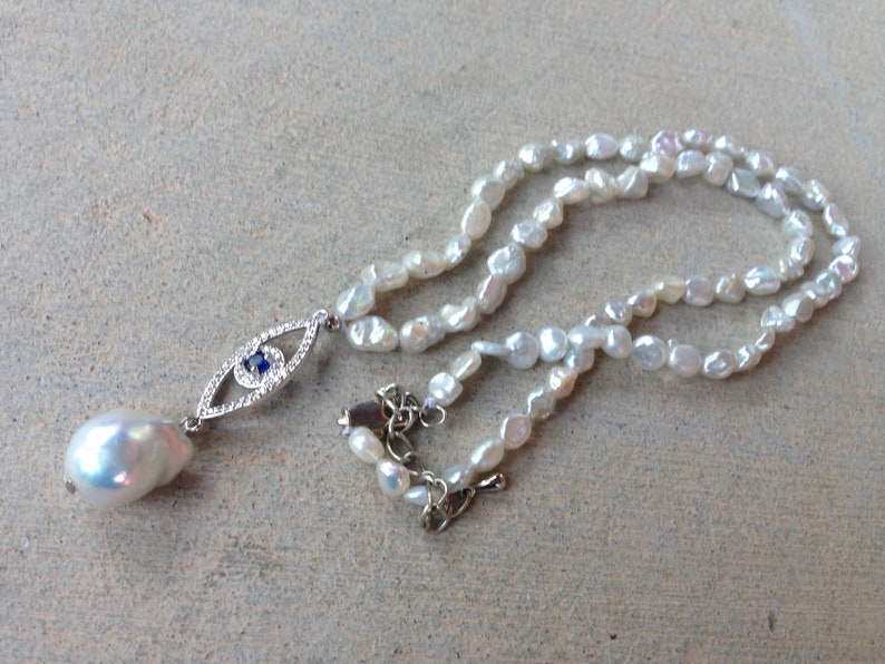 Baroque Pearl Necklace with CZ Evil Eye Pendant Beautiful Keishi Pearls Necklace Rhinestone Eye Pendant High Luster Pearl Mother/'s Day GIft