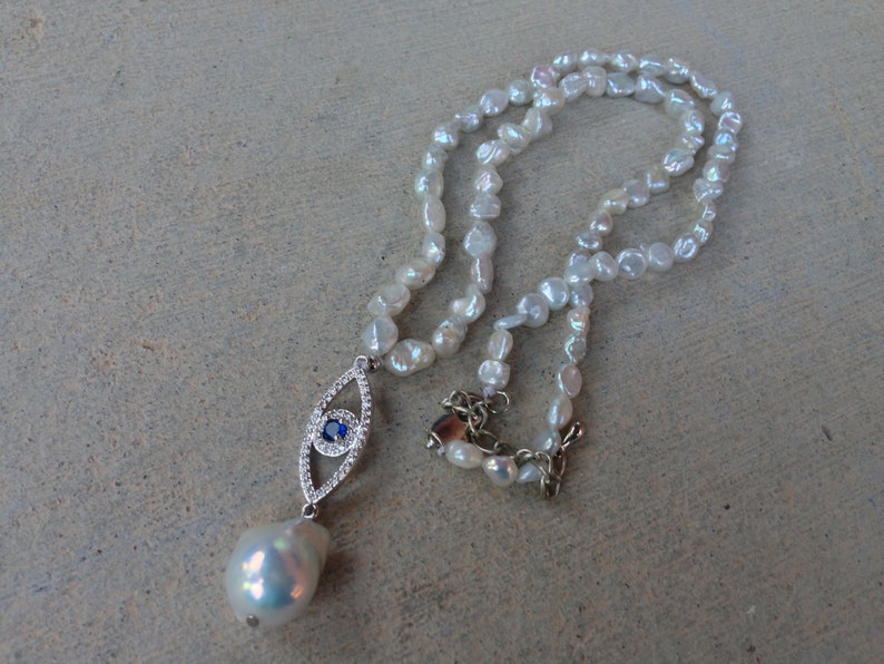 Baroque Pearl Necklace with CZ Evil Eye Pendant Beautiful Keishi Pearls Necklace Rhinestone Eye Pendant High Luster Pearl Mother/'s Day GIft