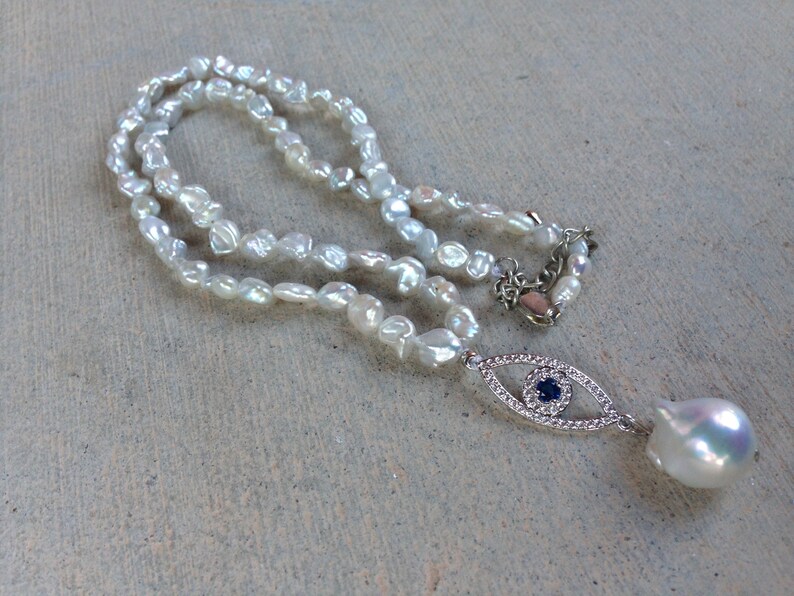 Baroque Pearl Necklace with CZ Evil Eye Pendant Beautiful Keishi Pearls Necklace Rhinestone Eye Pendant High Luster Pearl Mother/'s Day GIft