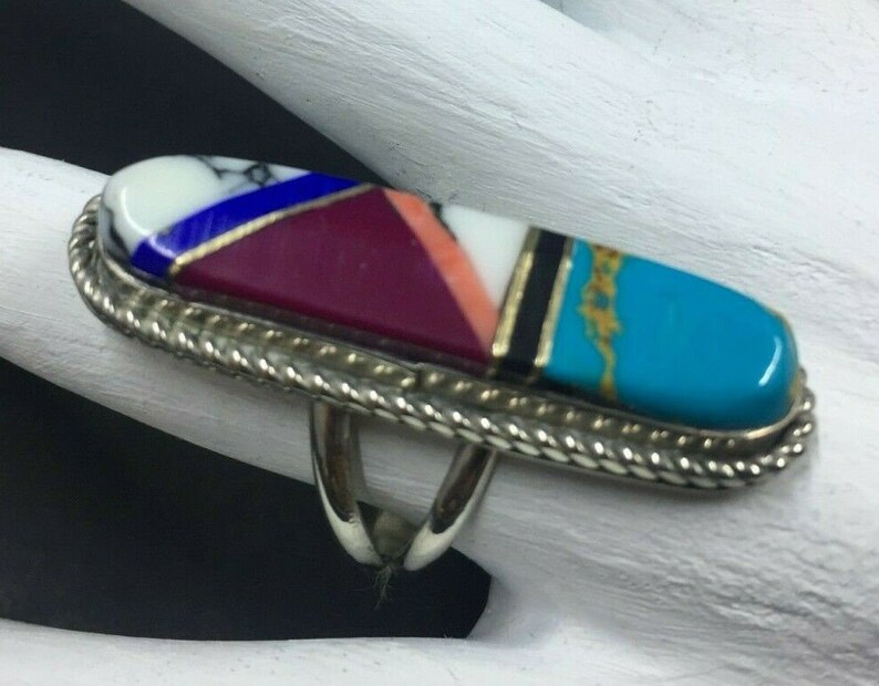 Native American Navajo Sterling Silver Stone Mosaic Channel Inlay Ring Southwest Southwestern Indian Ring Jet Turquoise Coral Bison Sz 7.5