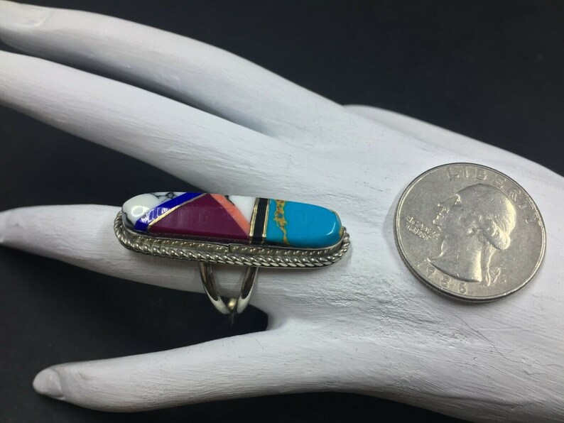 Native American Navajo Sterling Silver Stone Mosaic Channel Inlay Ring Southwest Southwestern Indian Ring Jet Turquoise Coral Bison Sz 7.5