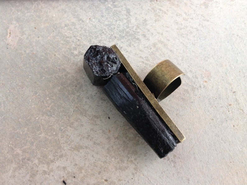 Rough Black Tourmaline Mens Ring Womens Ring Black Tourmaline Ring Schorl Tourmaline and Bronze Ring Raw Black Tourmaline Bronze Ring