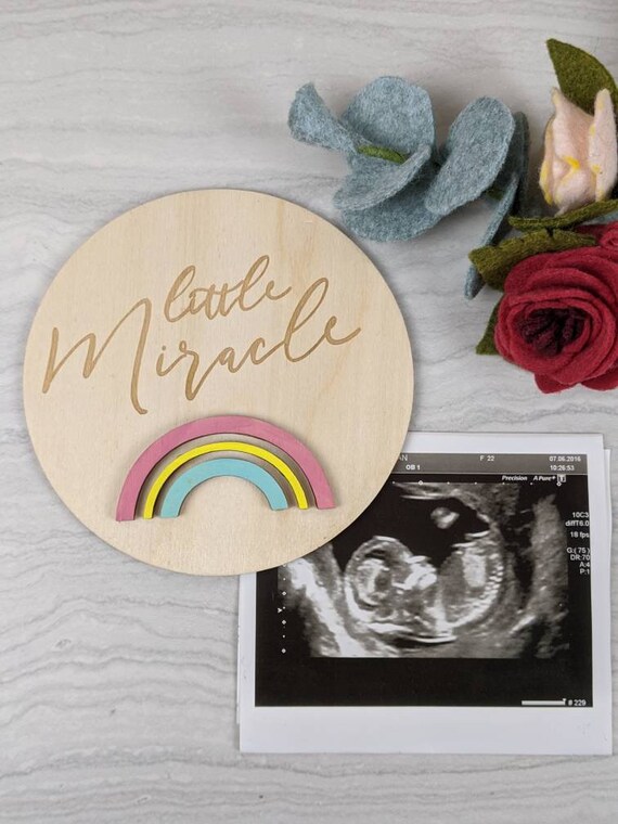 Wooden Rainbow baby newborn photo prop, little miracle newborn announcement disc