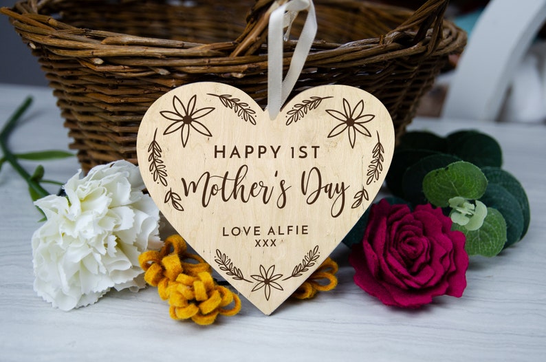 personalised engraved wooden heart keepsake gift First mothers day gift