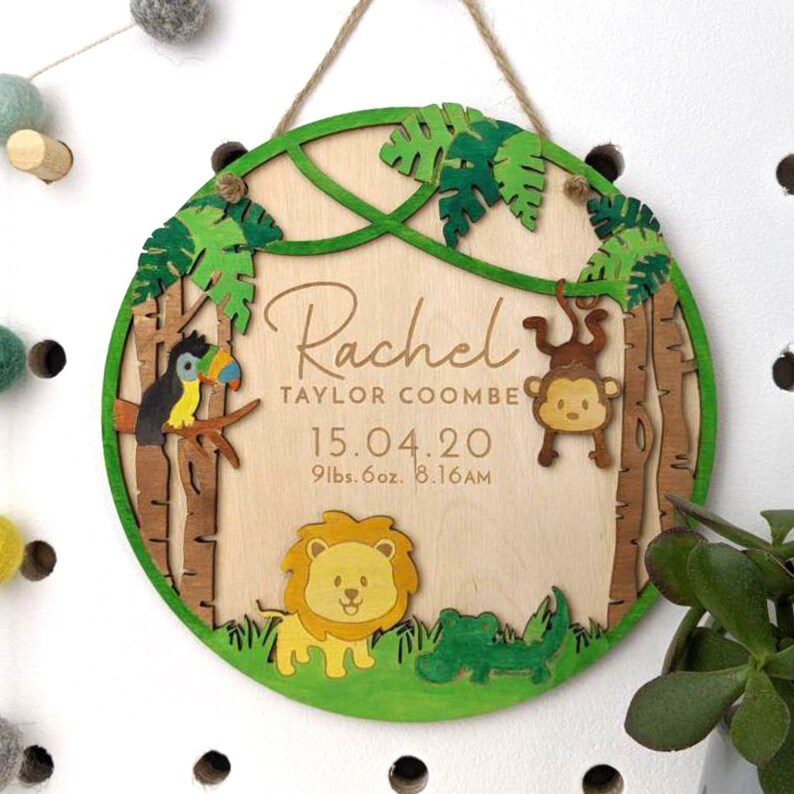 Jungle Birth Announcement Sign Personalised Baby name jungle Etsy