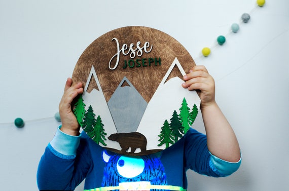 Adventure Mountain Nursery Name Sign, Baby name sign, wooden name round