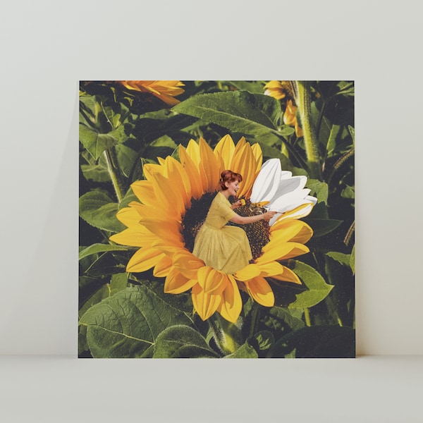 Tableau Tournesols - Collage floral surréaliste d'inspiration rétro carré 20 x 20 cm, impression