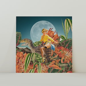 Velociraptor Pin-up Jurassic Park Inspired Dinosaur Park Vintage Retro Inspired Surrealist Collage Square 20x20cm Print