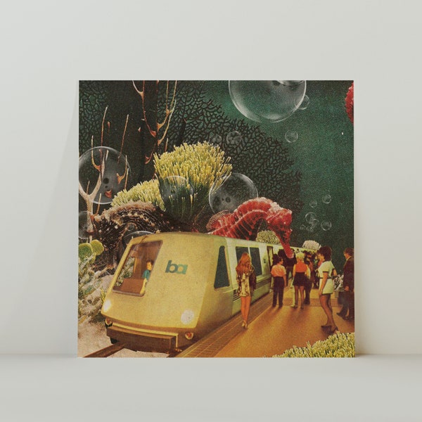Underwater Train - Retro Inspired Surrealist Collage Square 20x20cm Print