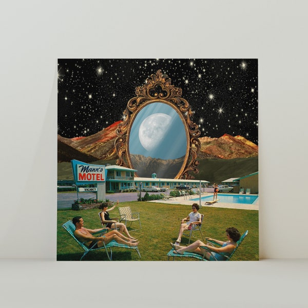 Moon Motel Mirror Surrealism Retro Vintage Themed Square 20x20cm Art Print