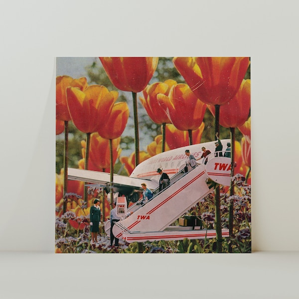 Travelling Tulips - Retro Inspired Surrealist Collage Square 20x20cm Print