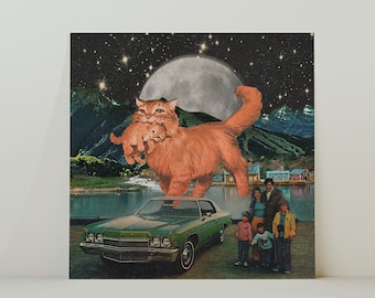 VaCATion - Retro Inspired Surrealist Cat Collage Square 20x20cm Print