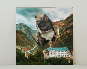 You Kitten me? - Retro Inspired Surrealist Space Cat Collage Square 20x20cm Print