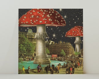 London Calling -  Retro Inspired Surrealist Mushroom Collage Square 20x20cm Print