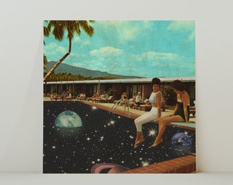 Cosmos by the pool - Retro Inspired Surrealist Collage Square 20x20cm Print