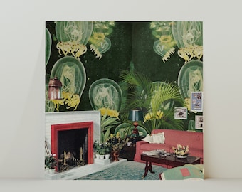 Jellyfish Home - Retro Inspired Surrealist Februllage Collage Square 20x20cm Print