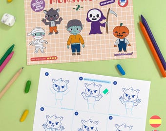 May include: A printable worksheet with instructions on how to draw five different monsters. The worksheet includes step-by-step instructions for drawing a werewolf, a mummy, a Frankenstein, a grim reaper, and a pumpkin-headed monster. The worksheet is titled "Aprende a dibujar monstruos -2- Paso a paso".