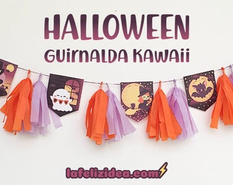 GUIRNALDA KAWAII para HALLOWEEN, imprimible Halloween,  para imprimir en casa, guirnalda para niños, Halloween Kawaii, decoración Halloween