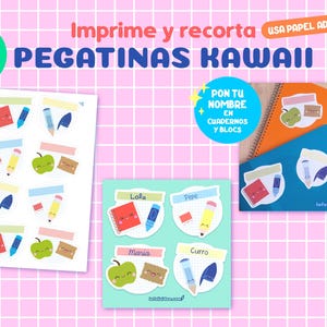 May include: Sheets of printable kawaii stickers with school-themed designs, including notebooks, pencils, and apples. The stickers are in various colors and are designed to be cut out and used for decoration. The text on the image says "Print and cut" and "Kawaii Stickers".