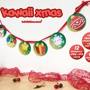 KAWAII XMAS imprimible clipart pdf, navidad kawaii, guirnalda, decoración navideña, postales, etiquetas, cinta decorativa, personajes kawaii imagen 2