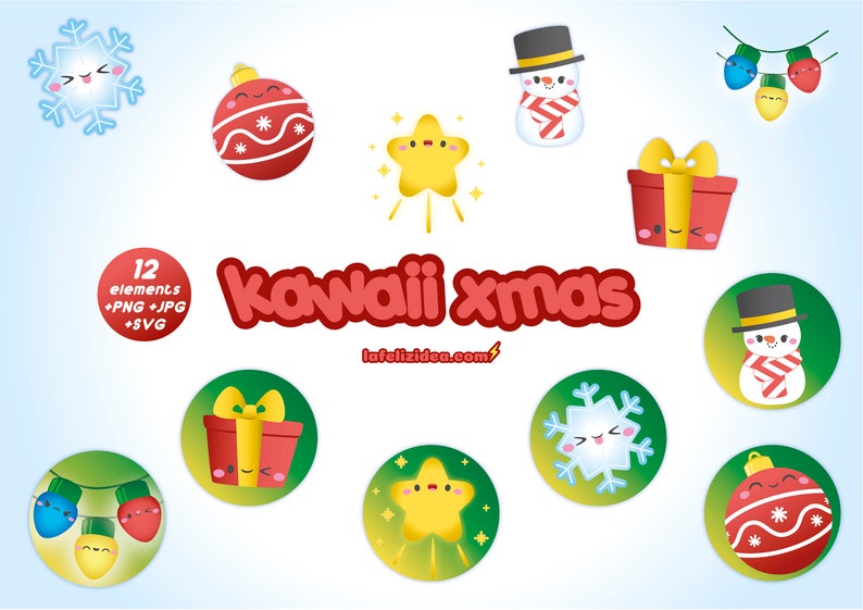 KAWAII XMAS printable clipart pdf, kawaii christmas, christmas postcards, garland, banner, tape, tags, decoration, ornaments image 9