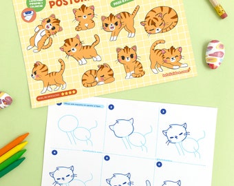 Como desenhar poses de gato kawaii, guia de desenho, aprender a desenhar, curso de desenho, desenho para crianças, aulas de desenho, tutorial de desenho