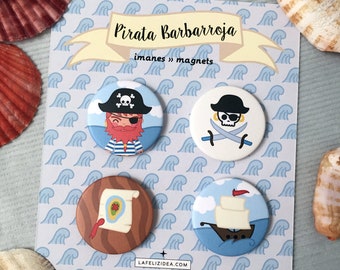 Pack pirata, ilustrados imanes, redondo iman, pirata Barbarroja, iman regalos, original pack, pirata iman, infantiles imanes, imanes