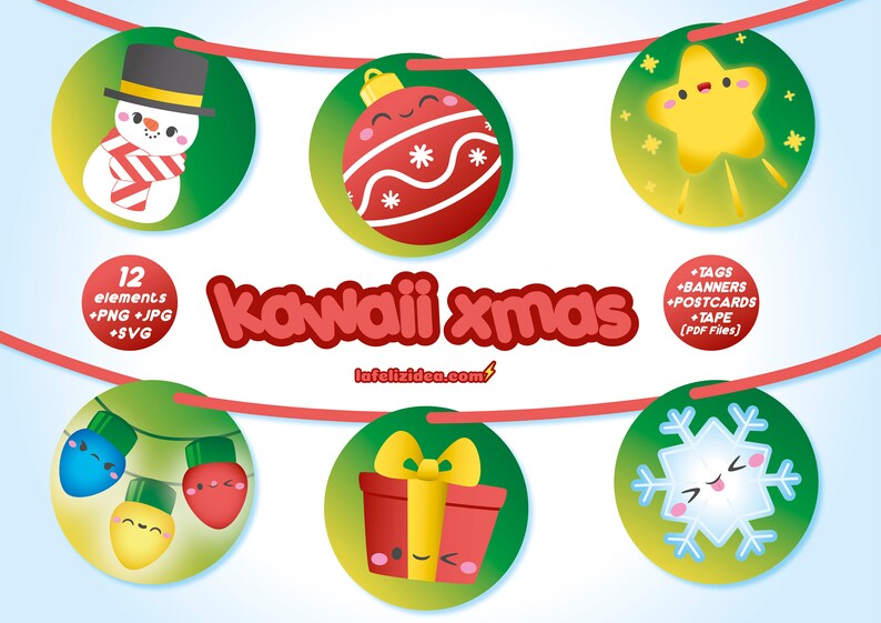 KAWAII XMAS imprimible clipart pdf, navidad kawaii, guirnalda, decoración navideña, postales, etiquetas, cinta decorativa, personajes kawaii imagen 6