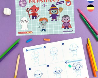 May include: A printable worksheet with instructions on how to draw five different cartoon monsters. The worksheet includes a step-by-step guide for drawing a zombie, a vampire, a ghost, a witch, and a devil. The worksheet is titled "Aprende a dibujar monstruos" which translates to "Learn to draw monsters".