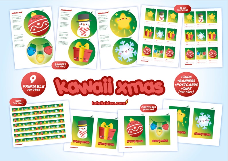 KAWAII XMAS printable clipart pdf, kawaii christmas, christmas postcards, garland, banner, tape, tags, decoration, ornaments image 8