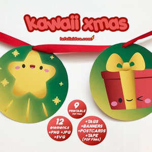 KAWAII XMAS imprimible clipart pdf, navidad kawaii, guirnalda, decoración navideña, postales, etiquetas, cinta decorativa, personajes kawaii imagen 4