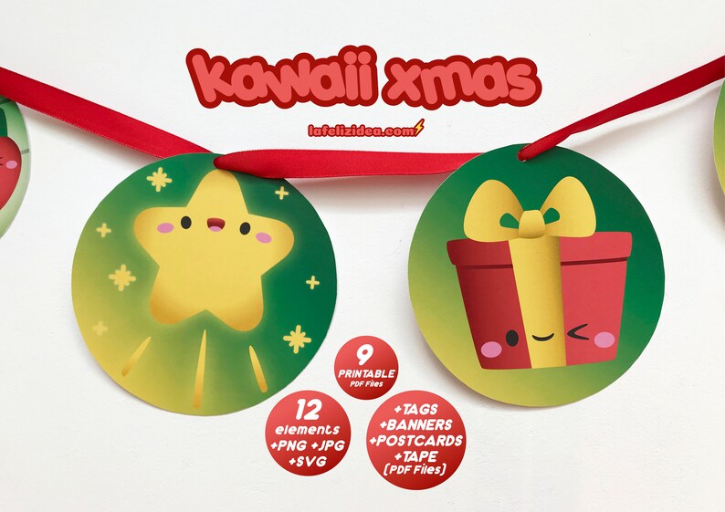 KAWAII XMAS imprimible clipart pdf, navidad kawaii, guirnalda, decoración navideña, postales, etiquetas, cinta decorativa, personajes kawaii imagen 4