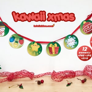 KAWAII XMAS imprimible clipart pdf, navidad kawaii, guirnalda, decoración navideña, postales, etiquetas, cinta decorativa, personajes kawaii imagen 1