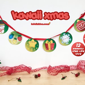 KAWAII XMAS imprimible clipart pdf, navidad kawaii, guirnalda, decoración navideña, postales, etiquetas, cinta decorativa, personajes kawaii imagen 1