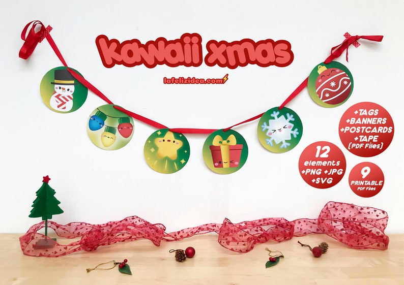 KAWAII XMAS imprimible clipart pdf, navidad kawaii, guirnalda, decoración navideña, postales, etiquetas, cinta decorativa, personajes kawaii imagen 1