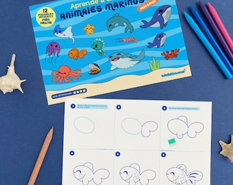 Cómo dibujar ANIMALES MARINOS, Guía de dibujo, Aprende a dibujar, curso dibujo, dibujo para niños, lecciones dibujo, tutorial dibujo