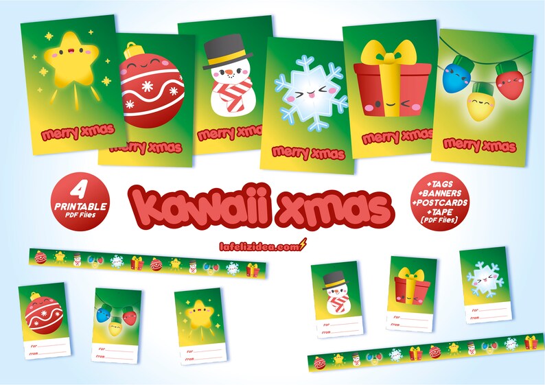 KAWAII XMAS printable clipart pdf, kawaii christmas, christmas postcards, garland, banner, tape, tags, decoration, ornaments image 7