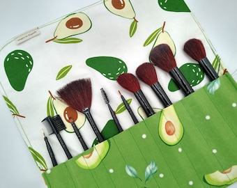 Avocado makeup brush pouch, makeup brush holder, makeup brush roll, brush organiser, Avocado fabric