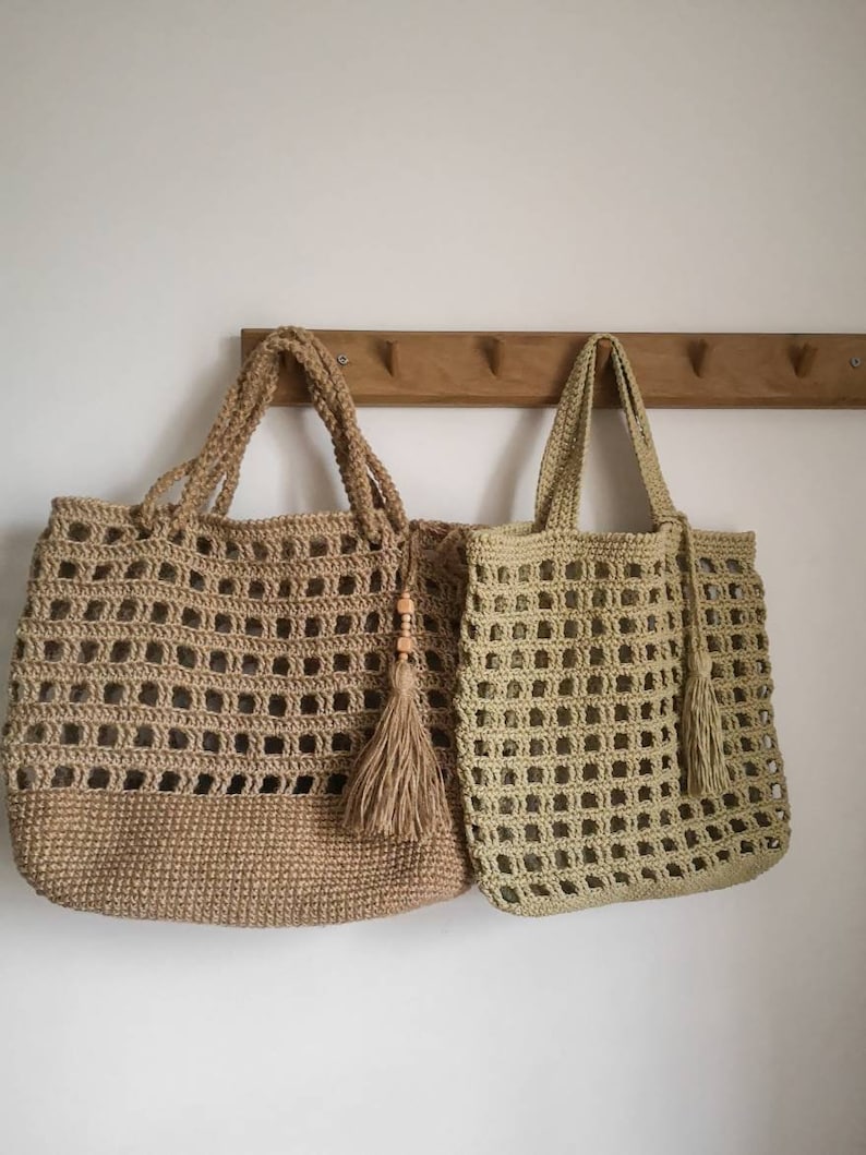 Knitted Jute Tote Bag Crocheted Shoulder Jute Bag Soft Etsy