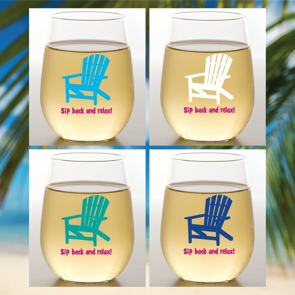 SIP BACK and RELAX Set of 4 Plastic Unbreakable 16 oz Stemless Wine Glasses. Made in America!!