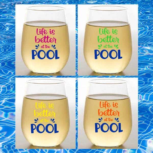 LIFE is BETTER at the POOL Wine-Oh! Designer Shatterproof Plastic 16 oz. Stemless Wine Glasses 4-pack