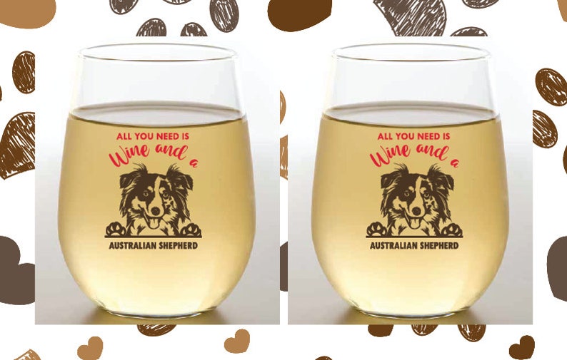 AUSTRALIAN SHEPHERD Wine-Oh DOG Breed Designer Shatterproof Plastic 16 oz. Stemless Wine Glasses 2-pack image 1
