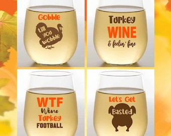 THANKSGIVING FUNNY Set of 4 Plastic Unbreakable 16 oz Stemless Wine Glasses. Made in America!!