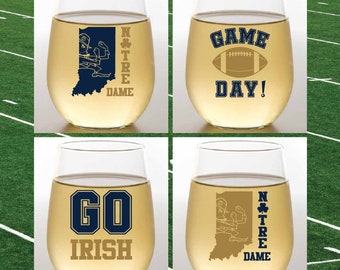 NOTRE DAME-Inspired Set of 4 Plastic Unbreakable 16 oz Stemless Wine Glasses. Made in America!!