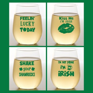 Set of 4 Plastic Unbreakable 16 oz Stemless Wine Glasses. Made in America!! ST. PATRICK'S DAY