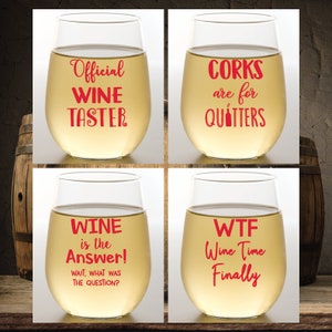 Set of 4 Plastic Unbreakable 16 oz Stemless Wine Glasses. Made in America!! WINE SAYINGS