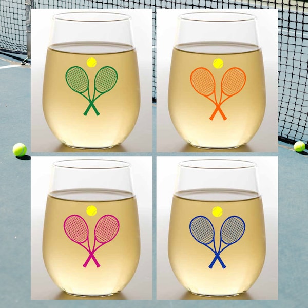 TENNIS Set of 4 Plastic Unbreakable 16 oz Stemless Wine Glasses. Made in America!!